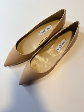 Jimmy Choo Beige Patent Leather Pointed-Toe Flats